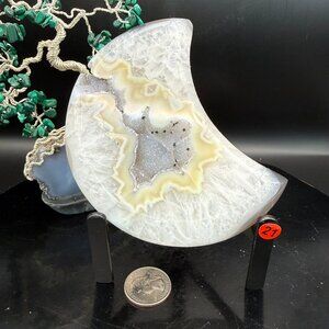 White Agate Druzy Moon Carving Yellow Mineral Inclusions Quartz: 4.67" Tall 21